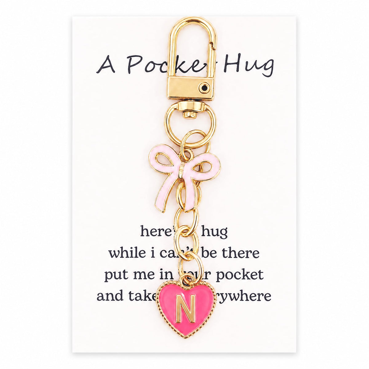 YOJO Pink Initial Letter Keychain with Enamel Bow and Heart Pendant