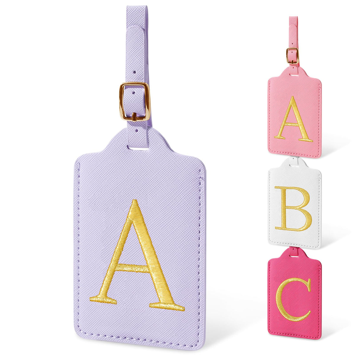 Personalized Initial Luggage Tags for Suitcases, Cute PU Leather Embroidered Letter Travel Luggage Tags, Suitcase Identifier Name Baggage Tag, Bag Tags for Men Women Kids Luggage Handbags(Pink M)