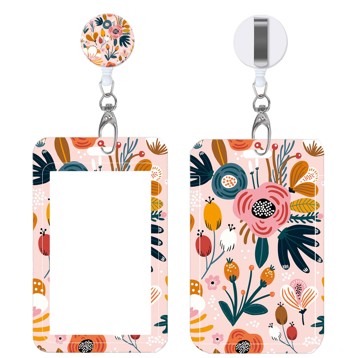 Badge Reels Retractable with Carabiner Reel Clip, Worker Badge Holder Belt Ferrule, Identity ID Badge Holder Case, Nurse Doctor Office School Teacher Name Credit Card Pocket (H-Marble Purple Pink)