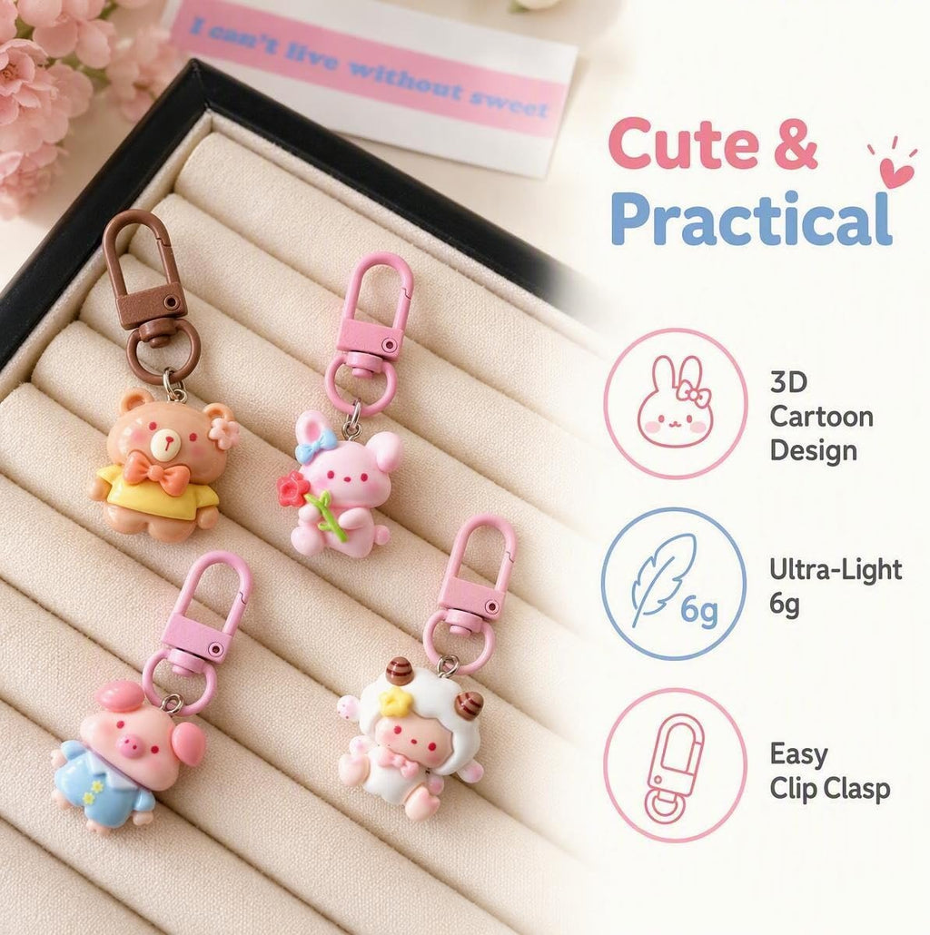 resin cartoon animal pendant with metal clasp for bag and keys
