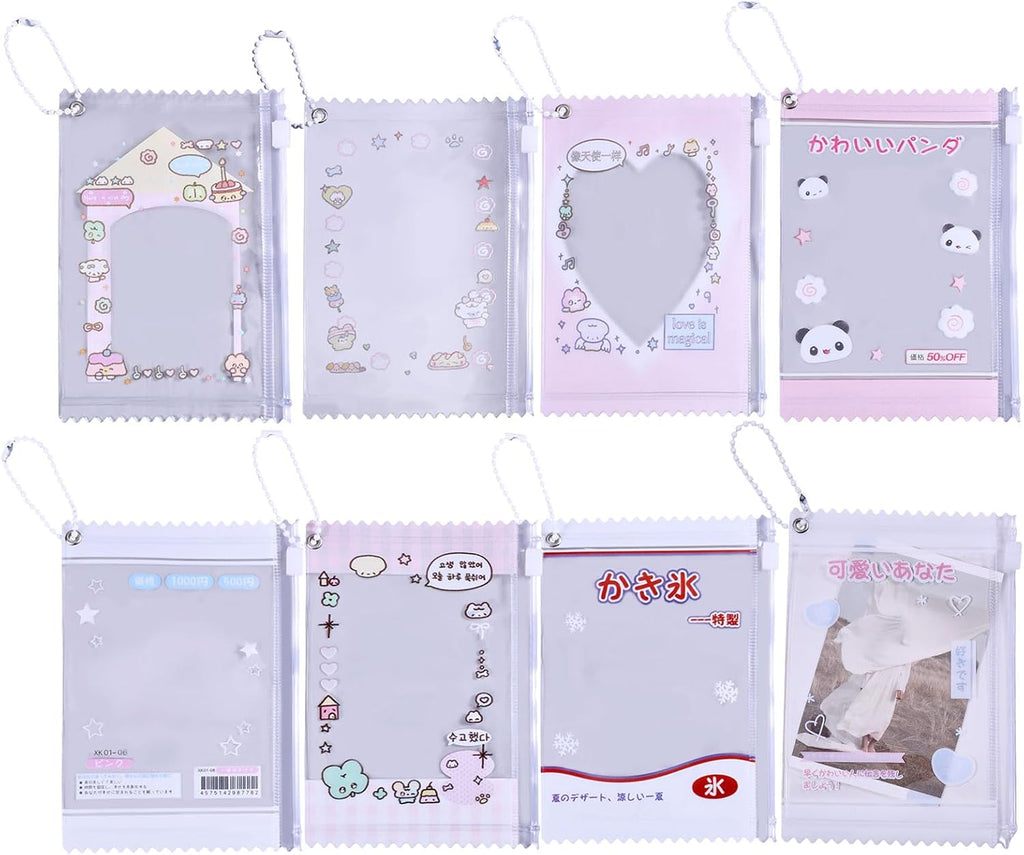 8Pcs Sweet Candy Photocard Holder Cute Cartoon Photocard Holder Set PVC Clear Card Protector Pouch with Detachable Chains, Waterproof ID Badge Holders for Women Girls, 3.6''×5.3"