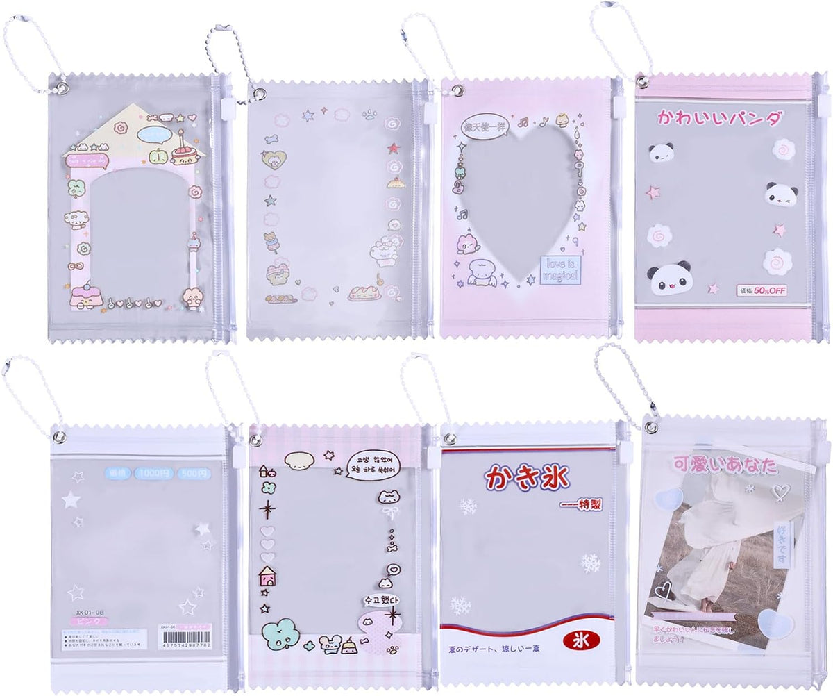 8Pcs Sweet Candy Photocard Holder Cute Cartoon Photocard Holder Set PVC Clear Card Protector Pouch with Detachable Chains, Waterproof ID Badge Holders for Women Girls, 3.6''×5.3"