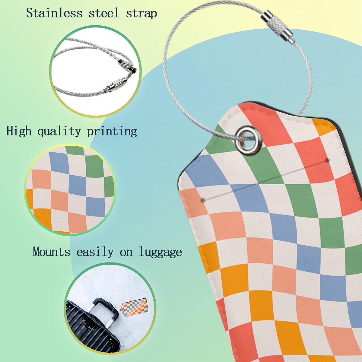 Checkered Luggage Tag,Colorful Retro Wavy Luggage Tags of Set 2 Leather Identifiers Privacy Cover with Stainless Steel Loop for Women Men Travel Bag Suitcase