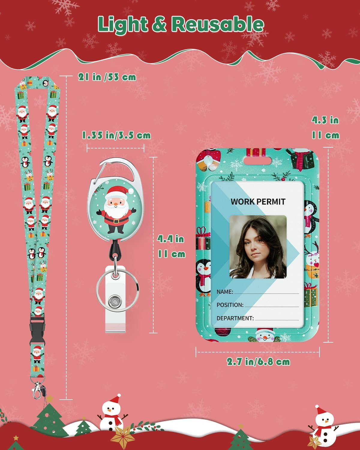 Uniclife Christmas Sliding Badge Holder Cartoon Santa Claus Hard ID Card Holder with Retractable Badge Reel Carabiner & Detachable Lanyard Strap Vertical Card Protector for Women Nurse Teacher Student