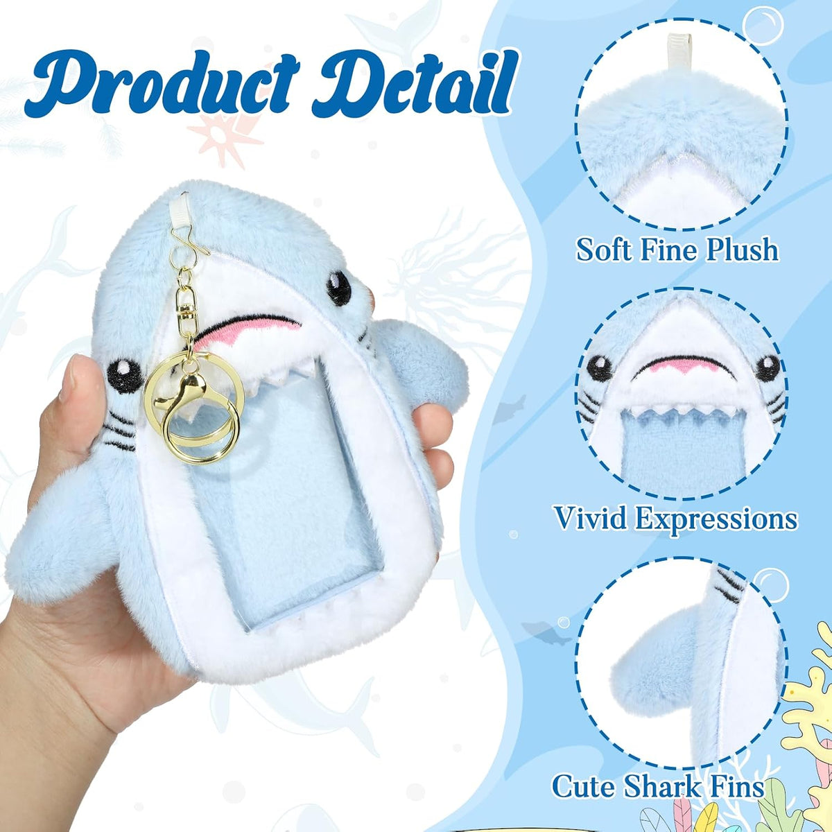 NEWEST Shark Plush Kpop Photocard Holder with Keychain, Cute Shark ID Badge Holder Protector Cover, Soft Cartoon Sea Creature Photo Case Sleeves Stationery for Idol ID Card Student Worker Bag Charm