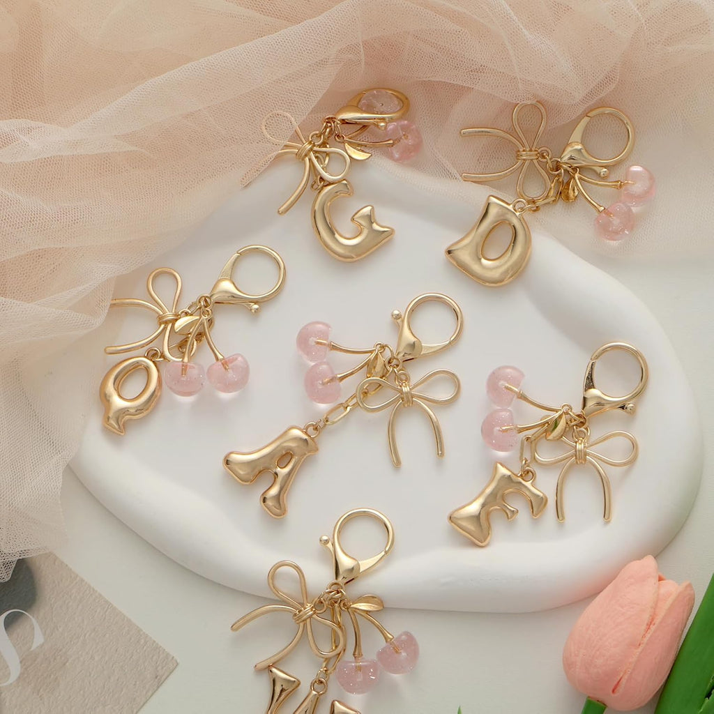 Snycler Bubble Initial Keychain with Bow & Cherry - Gold Letter Bag Charms for Women, Cute Purse Handbag Accessories