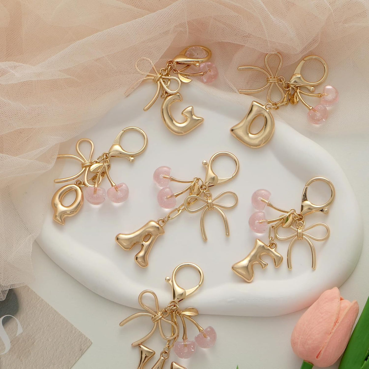 Snycler Bubble Initial Keychain with Bow & Cherry - Gold Letter Bag Charms for Women, Cute Purse Handbag Accessories