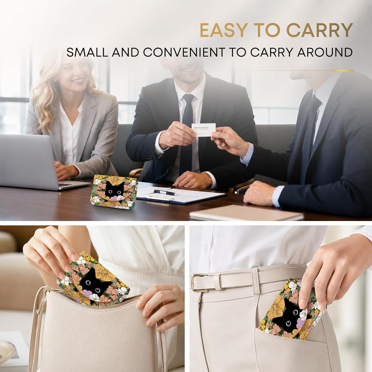 Business Card Holder，PU Leather Business Card Case Wallet Black Cat Floral