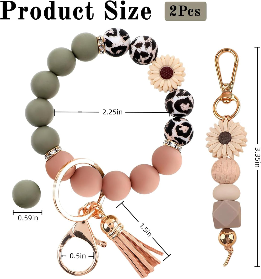2PCS Bracelet Key Ring Set, Cute Car Key chain Wristlet, Silicone Beaded Bangle keyChains for Women Girls