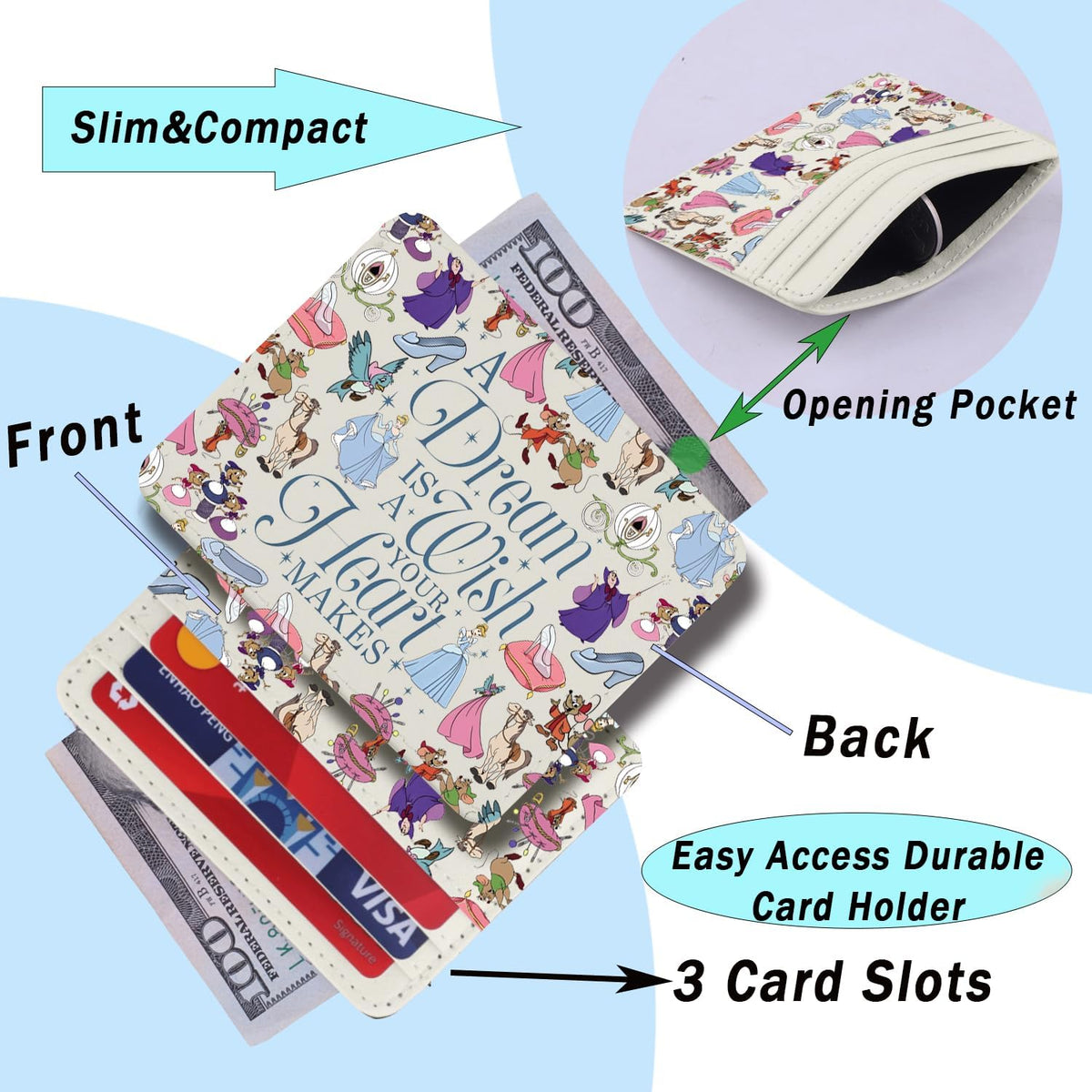 ENSIANTH Cartoon Merch Card Holder A Dream Is A Wish Your Heart Makes -Princess Fans -Fairy Tale Card Wallet Family Trip Gift (Dream CH)