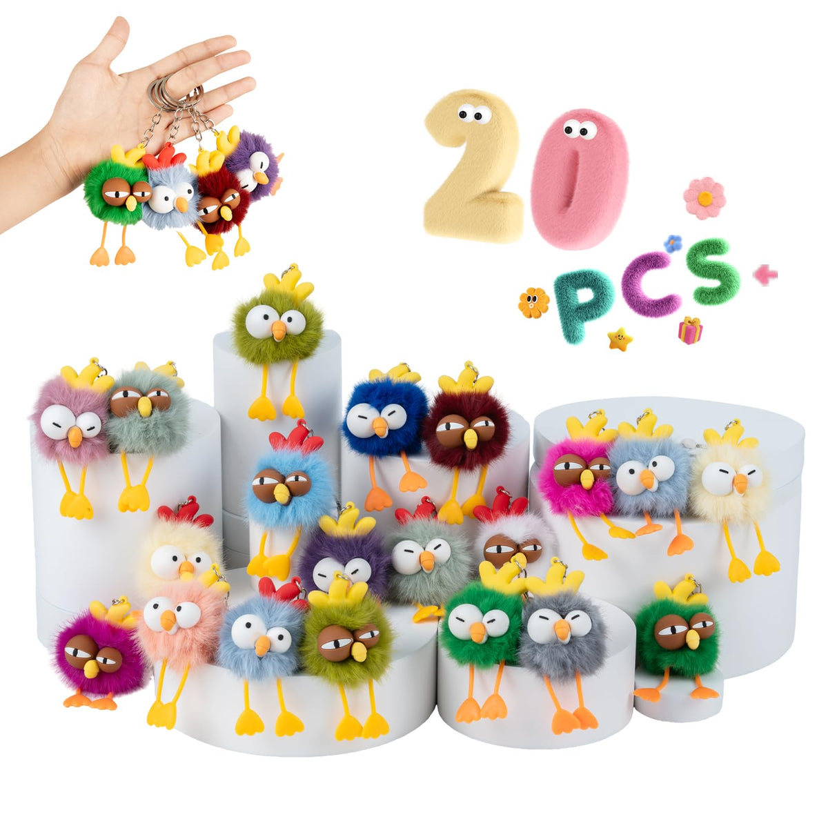 OMyFav 24 PCs Party Favors Keychains - Plush Backpack Keychain Bulk Kids Keychain Cute for Birthday Party Favors for Kids 8-12 Back to School Gifts for Students Classroom Prizes Elementary