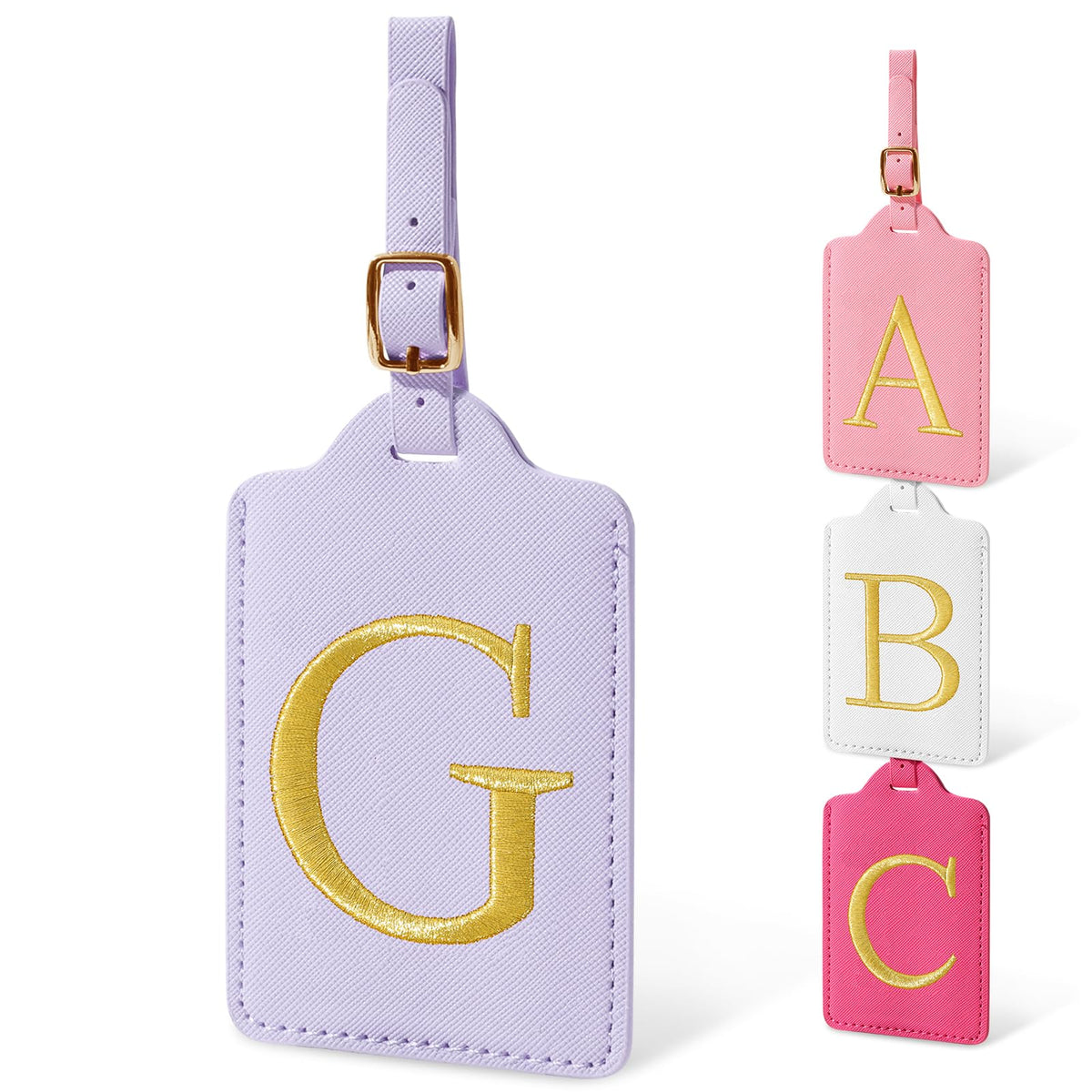 Personalized Initial Luggage Tags for Suitcases, Cute PU Leather Embroidered Letter Travel Luggage Tags, Suitcase Identifier Name Baggage Tag, Bag Tags for Men Women Kids Luggage Handbags(Pink M)