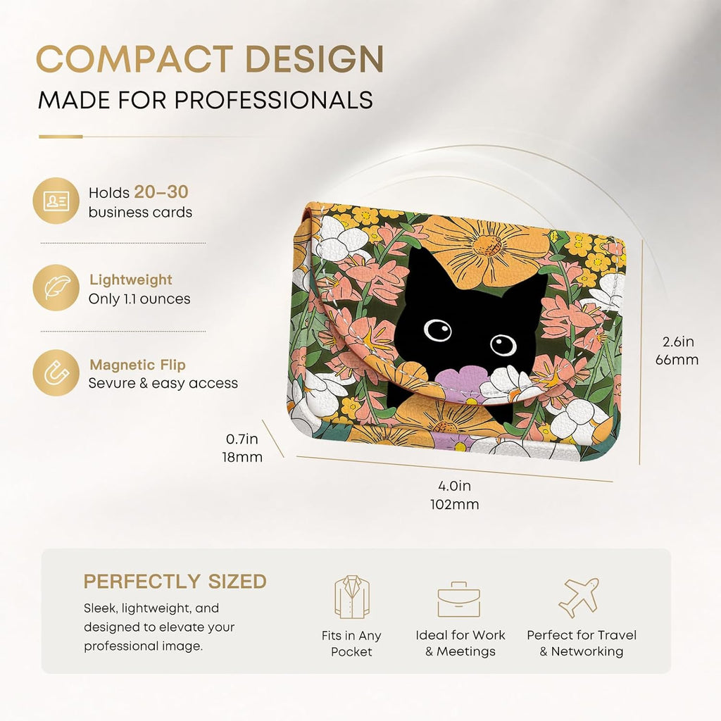 Business Card Holder，PU Leather Business Card Case Wallet Black Cat Floral