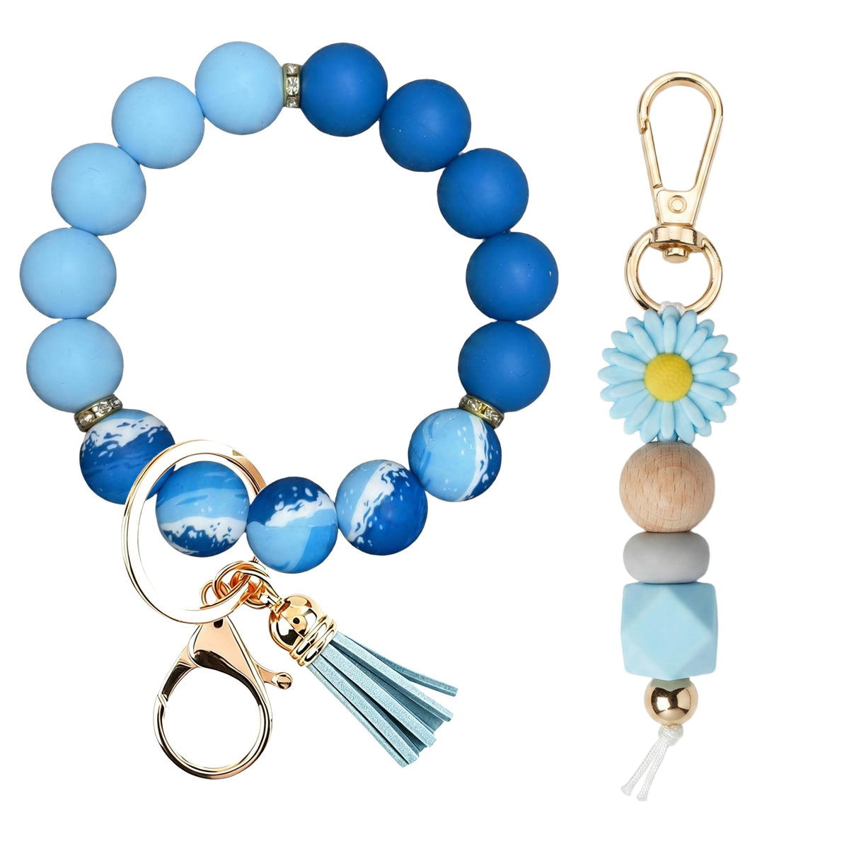 2PCS Bracelet Key Ring Set, Cute Car Key chain Wristlet, Silicone Beaded Bangle keyChains for Women Girls