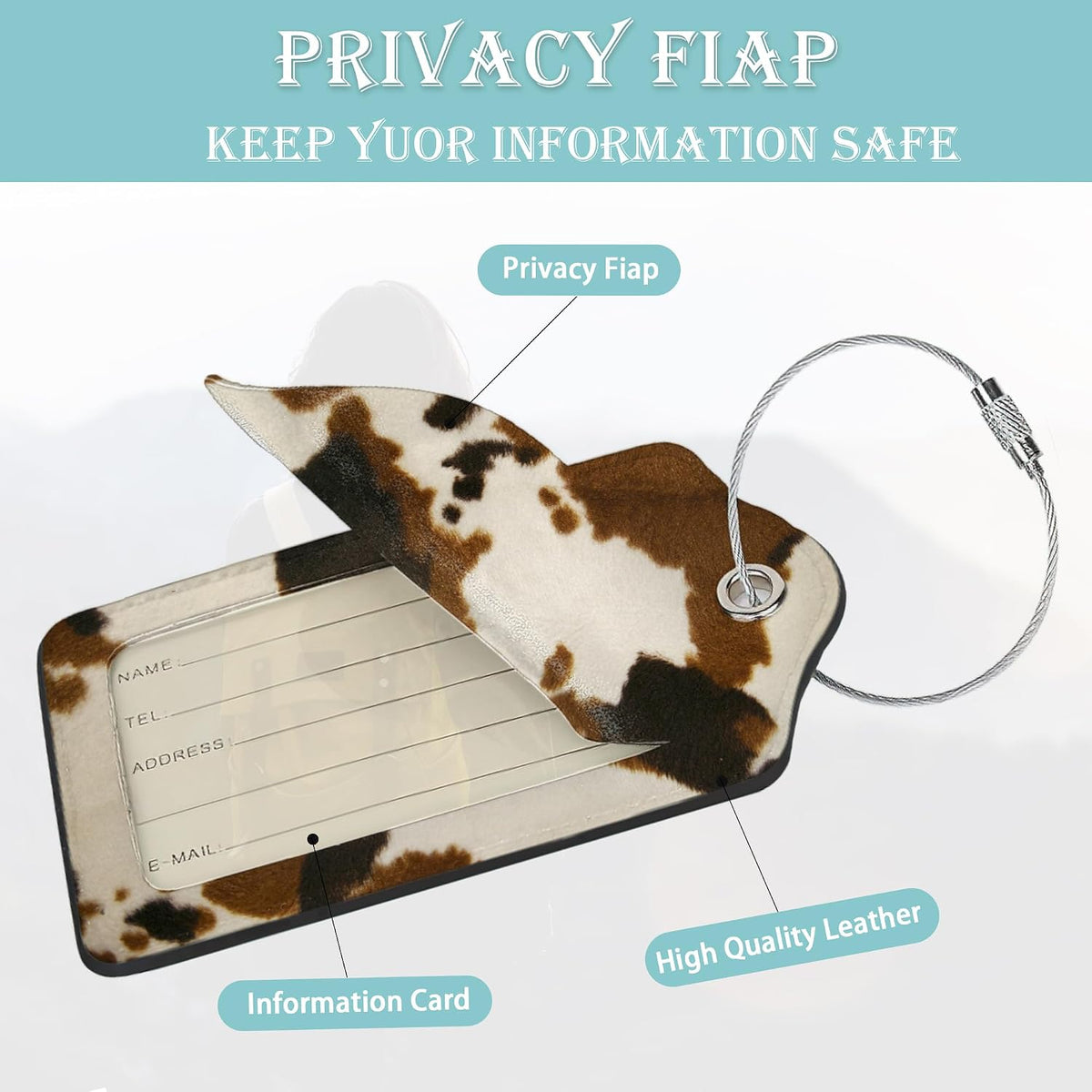 Cowhide 2 Pack Luggage Tag for Suitcases Cow Skin Animal Print PU Leather Bag Travel Suitcase ID Identifier Baggage Tags for Women Men Travel