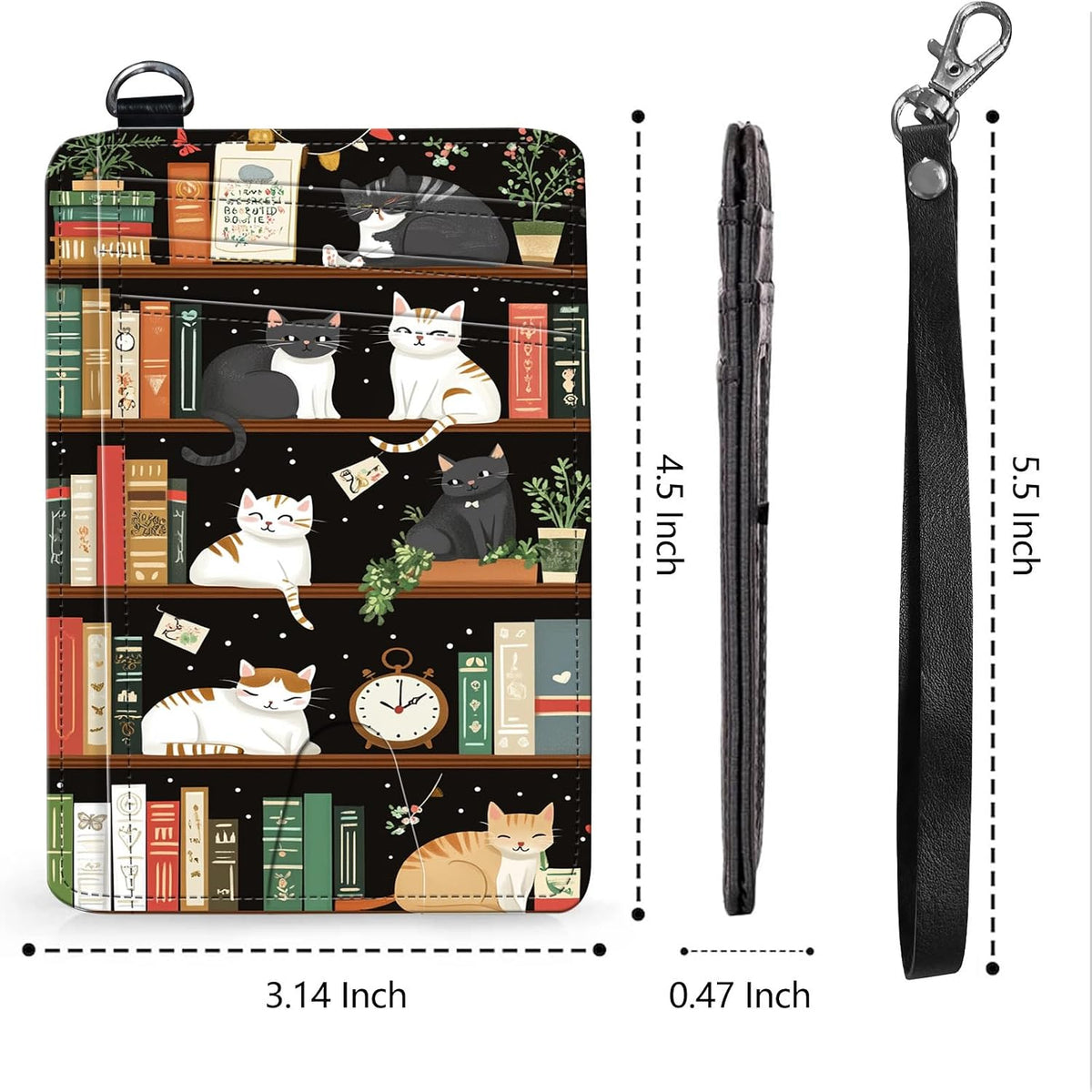 RFID Blocking Wallet Women, Slim Credit Card Holder with ID Window, Cute Small Front Pocket Card Wallet, Girls & Ladies Minimalist PU Leather Card Case for Travel Shopping Office, Bookshelf Cat