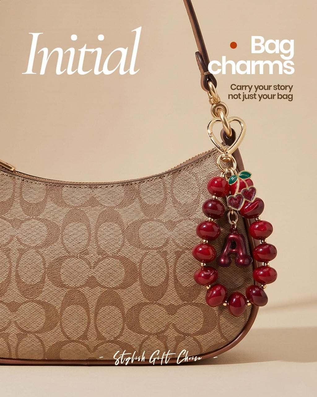 DualCozy Pink/Black Cherry Beaded Bubble Initial Bag Charm Cherry Keychain