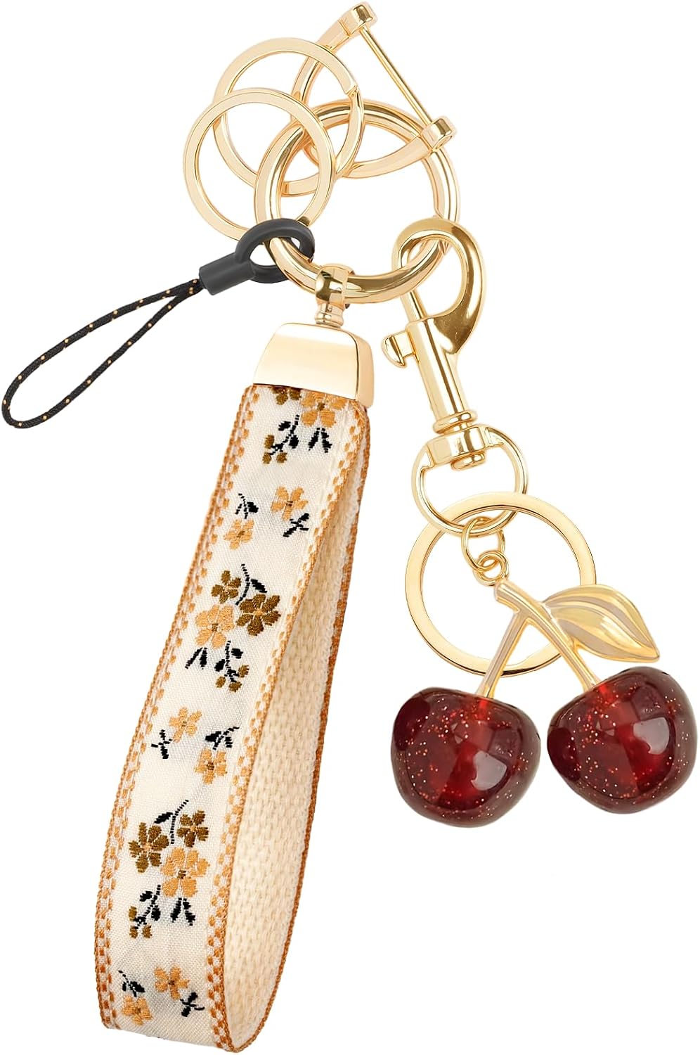 Boho Wristlet Keychain for Women Cute Floral Fabric Key Chain Lanyard Keychain with Cute Keychain Cherry