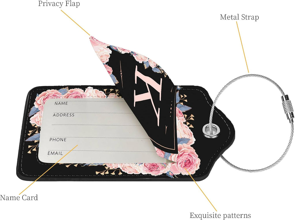 2 Pcs PU Leather Luggage Tag for Suitcases with Privacy Shield and Name ID Tag Address Card Travel Cruise Luggage Tag, Suitable for Men and Women Baggage Handbag Backpack,Flower and Monogram(Letter K