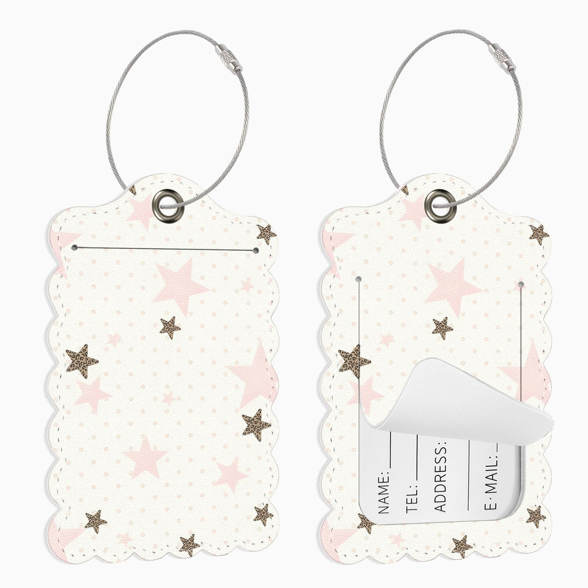 Seorsok 2 PCS Luggage Travel Tags for Suitcases,Cute Pink Leopard PU Leather Name Tag with Privacy Cover&ID Label Address Card and Durable Metal Ring Suitable for Men Women Handbags Backpack,Pink