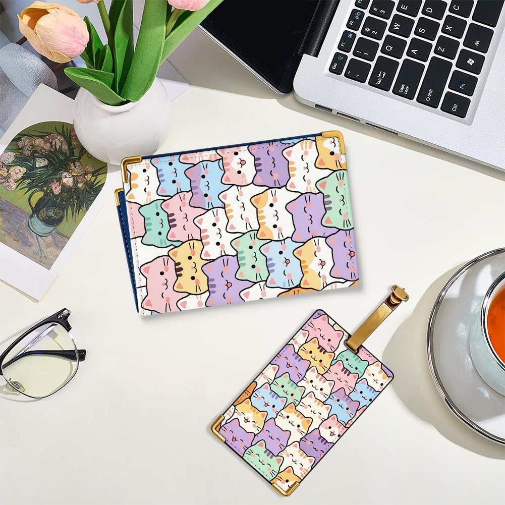 Cat Design Passport Holder Luggage Tag Men Women for Travel Essentials, Leather Passport Cover Cute Cartoon Pattern Travel Wallet Card Protector Stylish Accessories 5.4 x 4.1 x 0.2 Inch