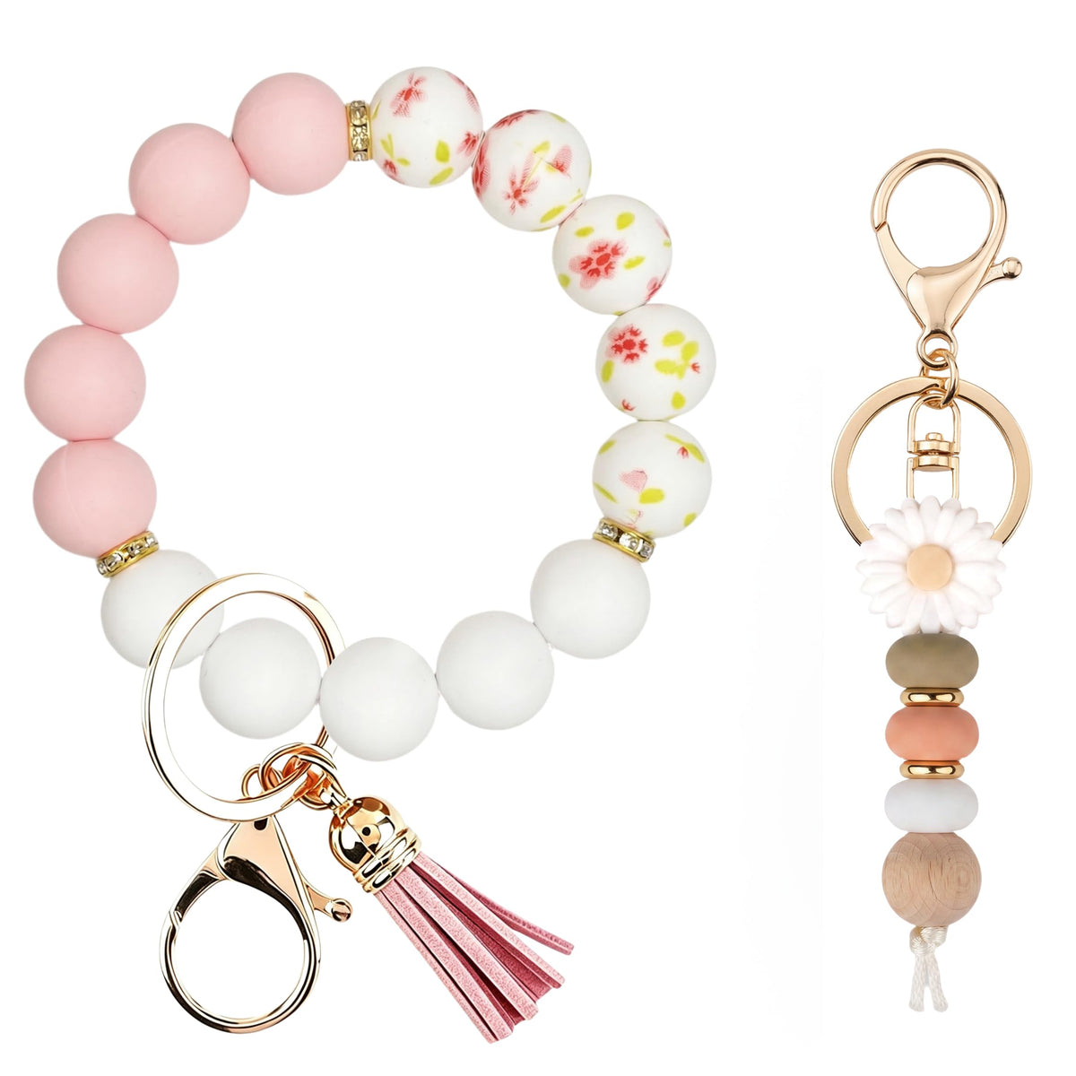2PCS Bracelet Key Ring Set, Cute Car Key chain Wristlet, Silicone Beaded Bangle keyChains for Women Girls