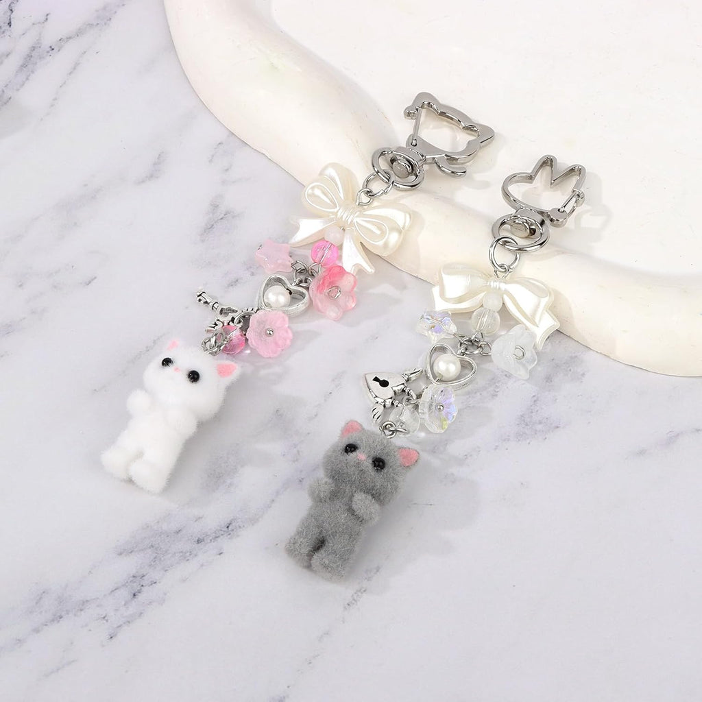 2PCS Cute Pink Fuzzy Cat Keychain Aesthetic Y2K Stylish with Bunny Kitty Lobster Clasp Bow Charms for Handbags Backpacks Purse, Phone
