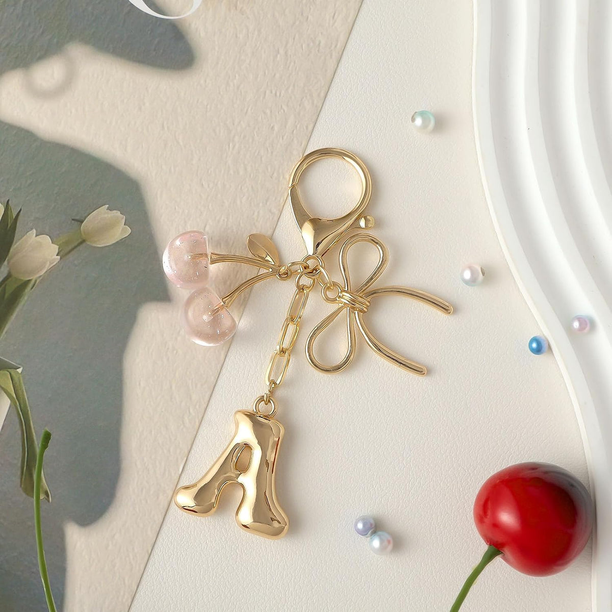 Snycler Bubble Initial Keychain with Bow & Cherry - Gold Letter Bag Charms for Women, Cute Purse Handbag Accessories