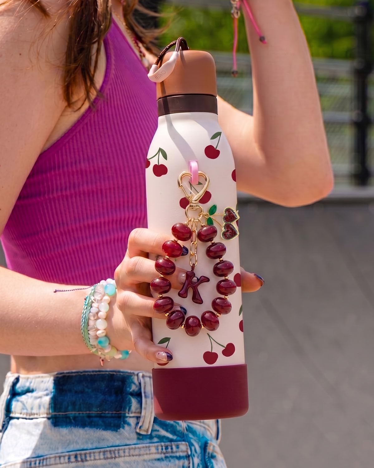 DualCozy Pink/Black Cherry Beaded Bubble Initial Bag Charm Cherry Keychain