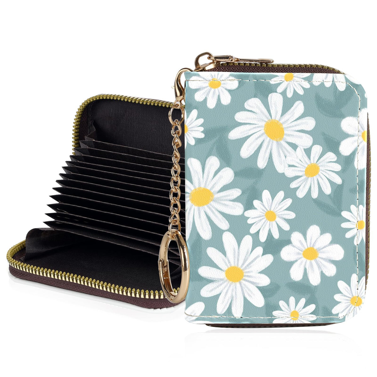 Credit Card Holder for Women,Small Rfid Wallet with Keychain Zipper,Cute PU Leather Card Case Wallet，Accordion Credit Card Wallets Gift,Flowers and Black Cat B
