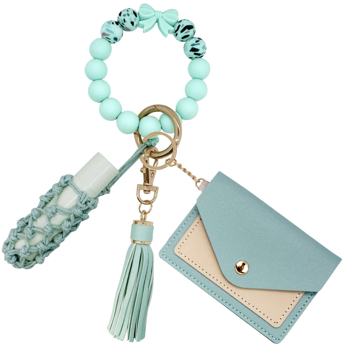 BIHRTC Silicone Key Ring Bracelets Wristlet Keychain Wallet with Net Chapstick Holder for Women