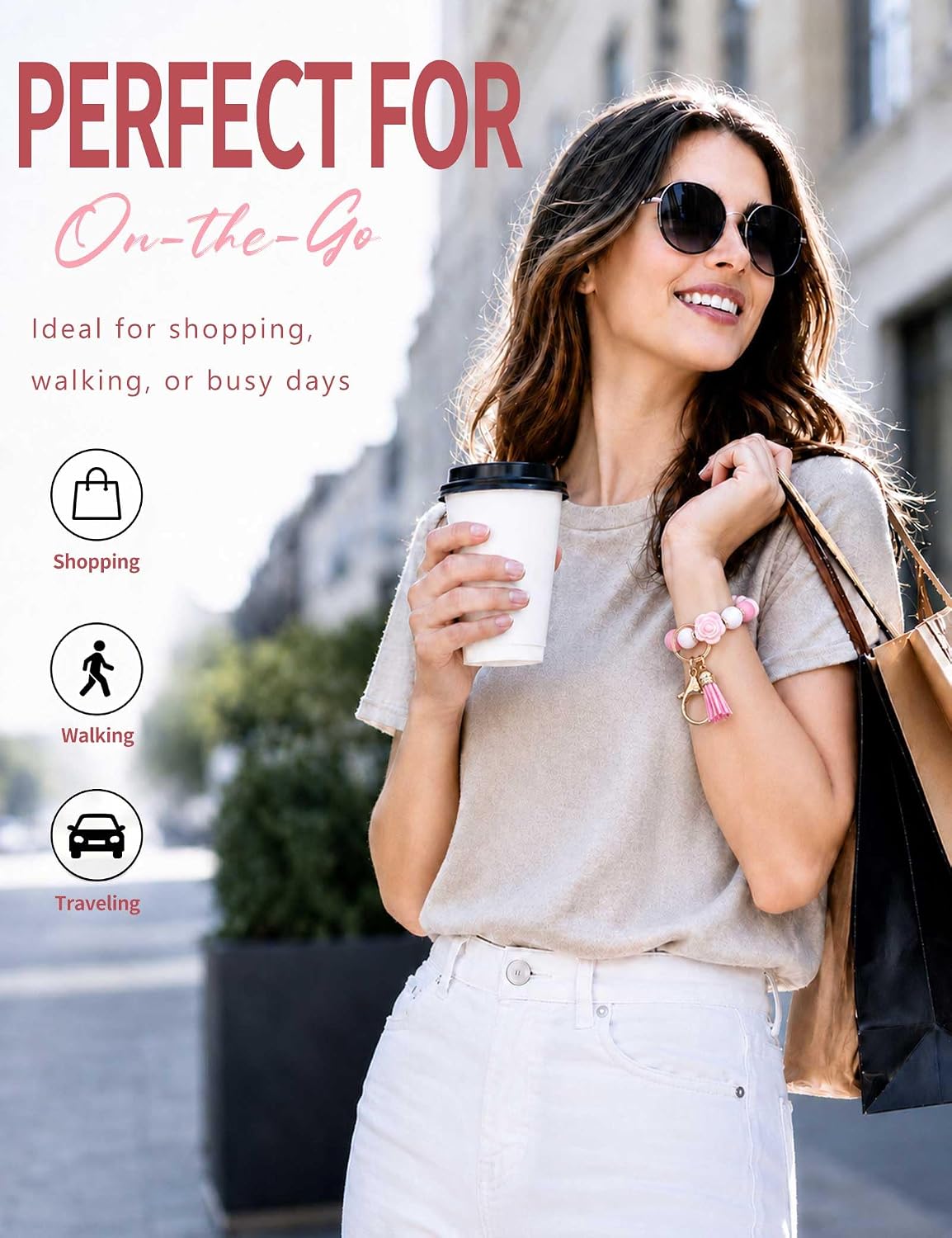 BAOSIWA Keychain Wristlet Cute Car Key Chain Holder Rose Flower Key Ring Bracelet Silicone Beaded Keychains for Women Girls
