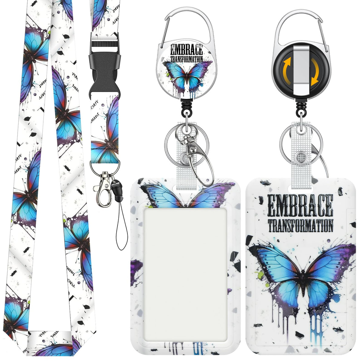 Uniclife Fashionable Sliding Badge Holder Exploding Fluff Cat Plastic Card Holder with Retractable Badge Reel Carabiner & Detachable Lanyard Vertical Card Protector for Office Worker Teacher Student