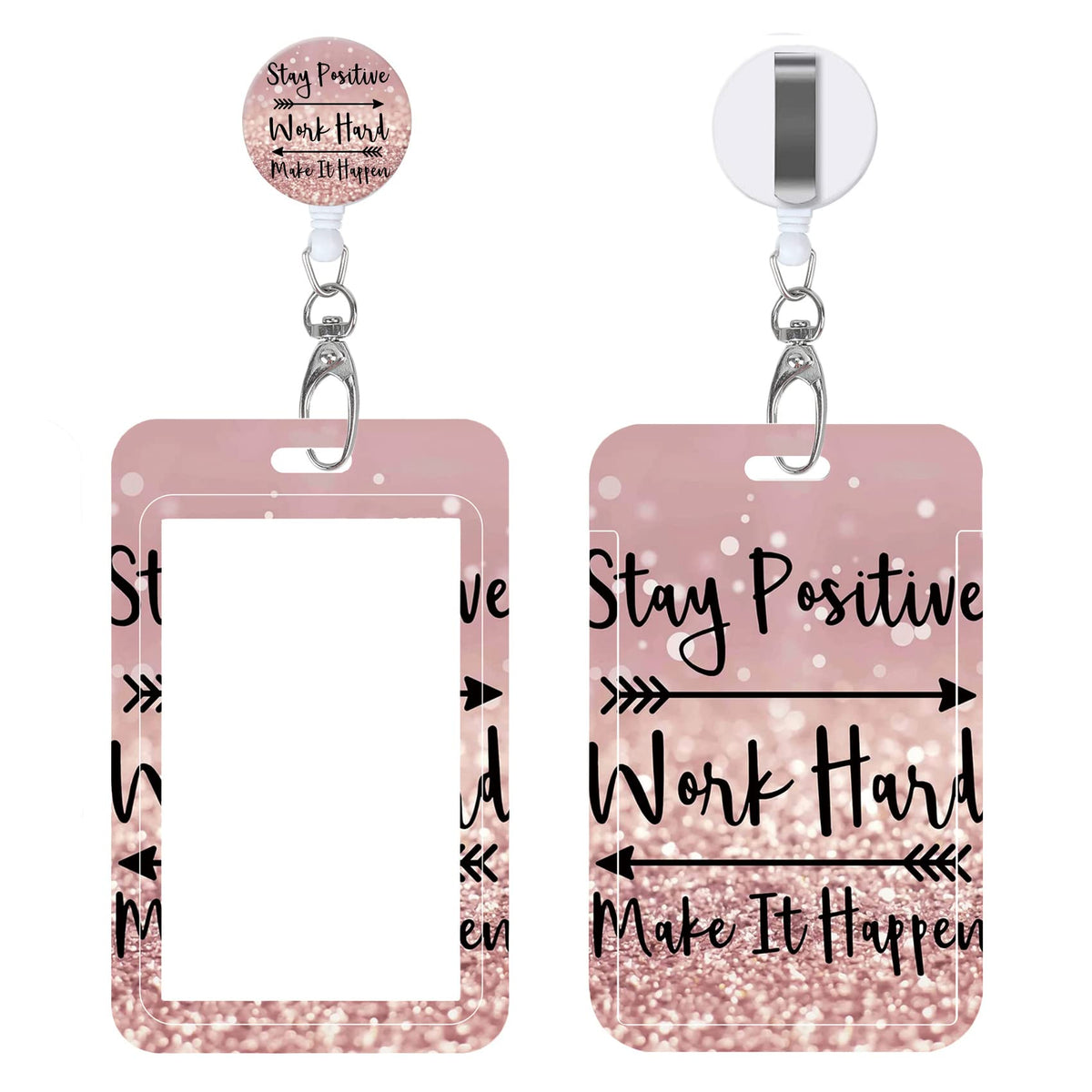 Badge Reels Retractable with Carabiner Reel Clip, Worker Badge Holder Belt Ferrule, Identity ID Badge Holder Case, Nurse Doctor Office School Teacher Name Credit Card Pocket (H-Marble Purple Pink)