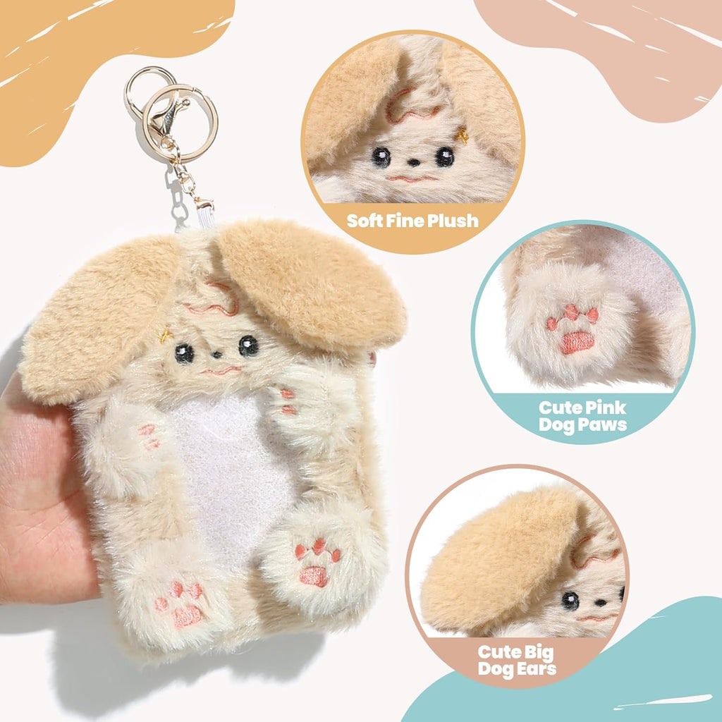 NEWEST 2PCS Puppies Plush Kpop Photocard Holder with Keychain, Cute Dog ID Badge Holder, Soft Cartoon Animal Photo Protective Sleeve Case Card Cover for Kpop Idol Photo Card School Office Card Supply