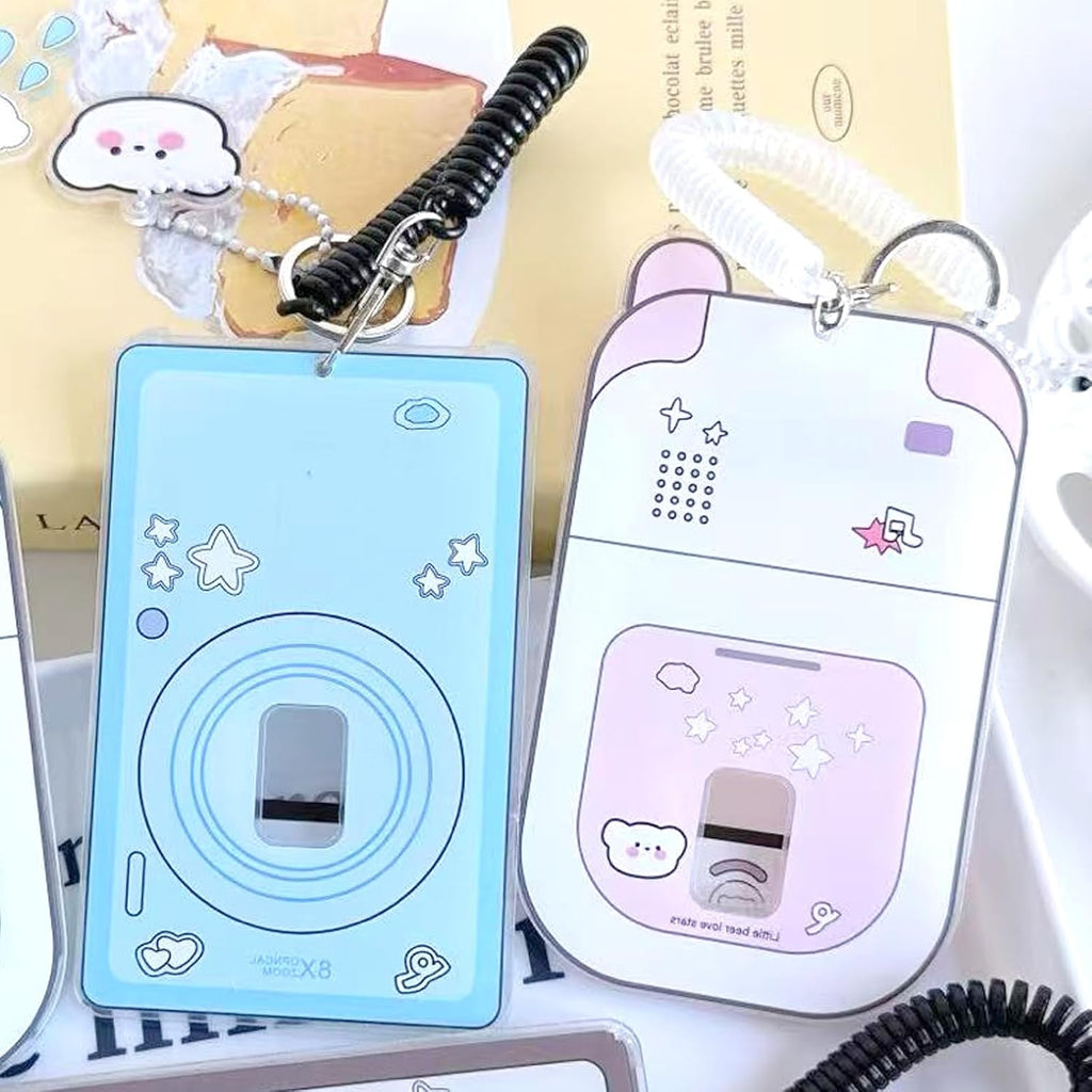 2pcs cute phone camera shaped photo holder 3 inches, cartoon photo holder ID badge holder, with cloud bear pendant and spiral wrist coil (2 styles)