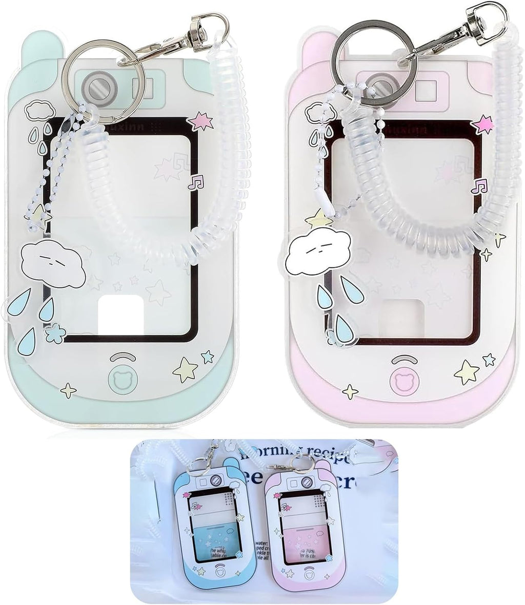 2pcs cute phone camera shaped photo holder 3 inches, cartoon photo holder ID badge holder, with cloud bear pendant and spiral wrist coil (2 styles)