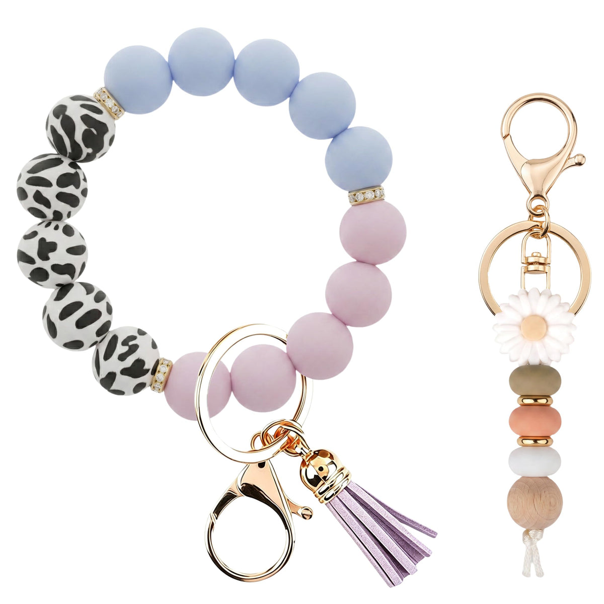 2PCS Bracelet Key Ring Set, Cute Car Key chain Wristlet, Silicone Beaded Bangle keyChains for Women Girls