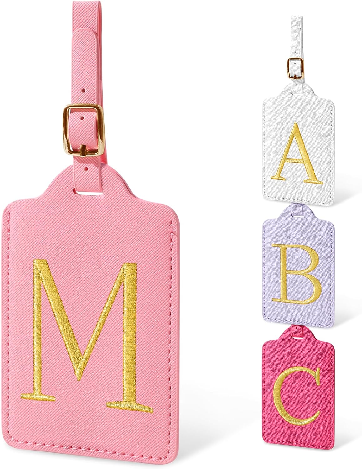 Personalized Initial Luggage Tags for Suitcases, Cute PU Leather Embroidered Letter Travel Luggage Tags, Suitcase Identifier Name Baggage Tag, Bag Tags for Men Women Kids Luggage Handbags(Pink M)