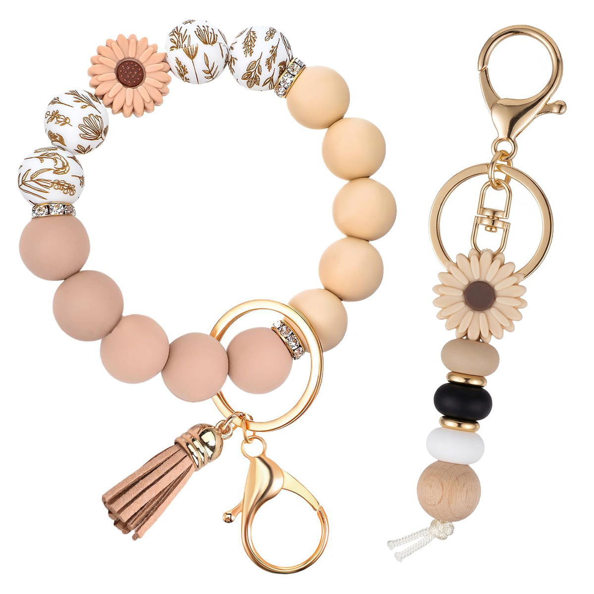 2PCS Bracelet Key Ring Set, Cute Car Key chain Wristlet, Silicone Beaded Bangle keyChains for Women Girls