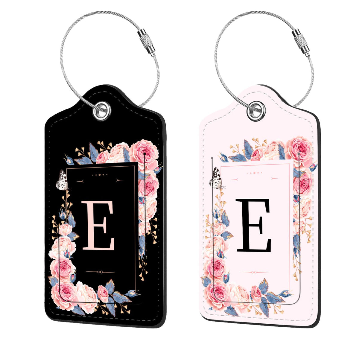 2 Pcs PU Leather Luggage Tag for Suitcases with Privacy Shield and Name ID Tag Address Card Travel Cruise Luggage Tag, Suitable for Men and Women Baggage Handbag Backpack,Flower and Monogram(Letter K
