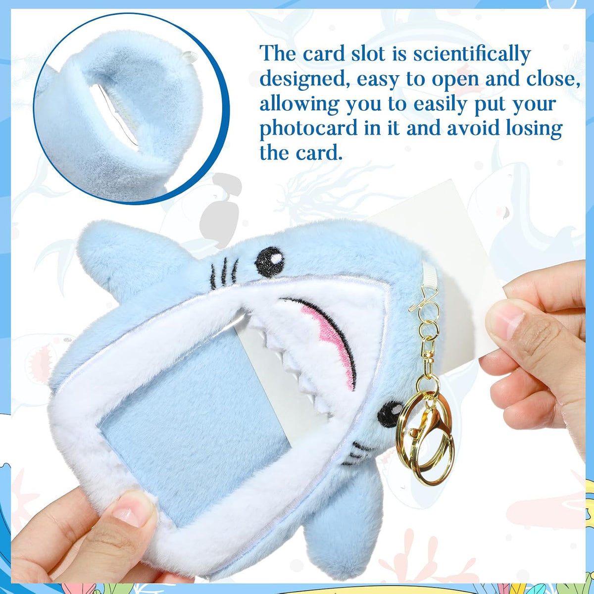 NEWEST Shark Plush Kpop Photocard Holder with Keychain, Cute Shark ID Badge Holder Protector Cover, Soft Cartoon Sea Creature Photo Case Sleeves Stationery for Idol ID Card Student Worker Bag Charm