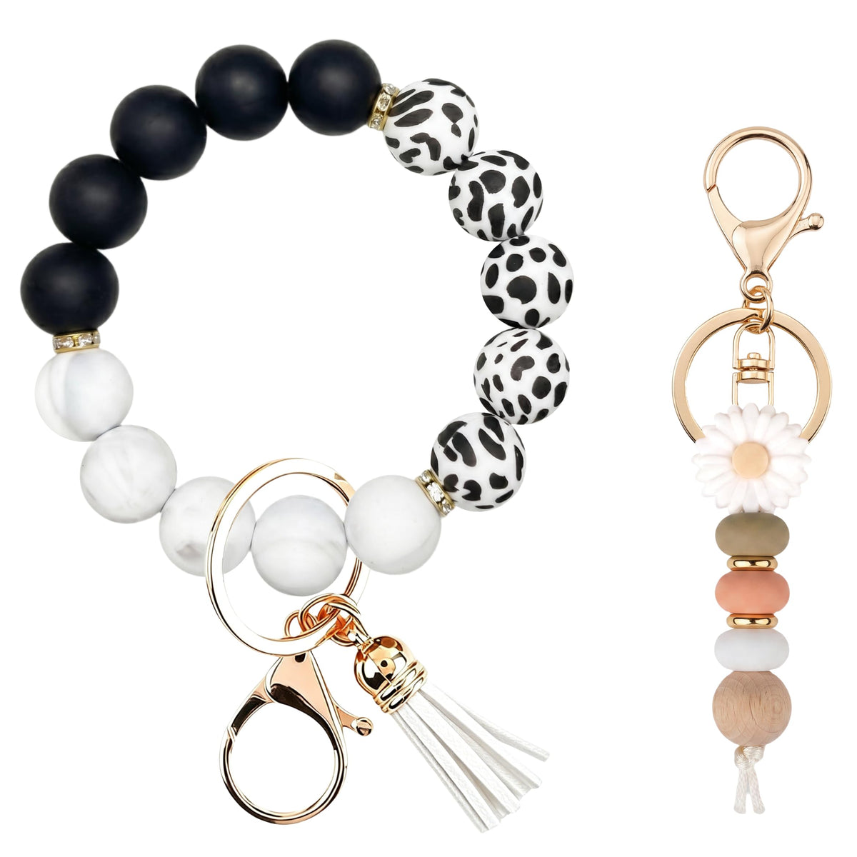 2PCS Bracelet Key Ring Set, Cute Car Key chain Wristlet, Silicone Beaded Bangle keyChains for Women Girls
