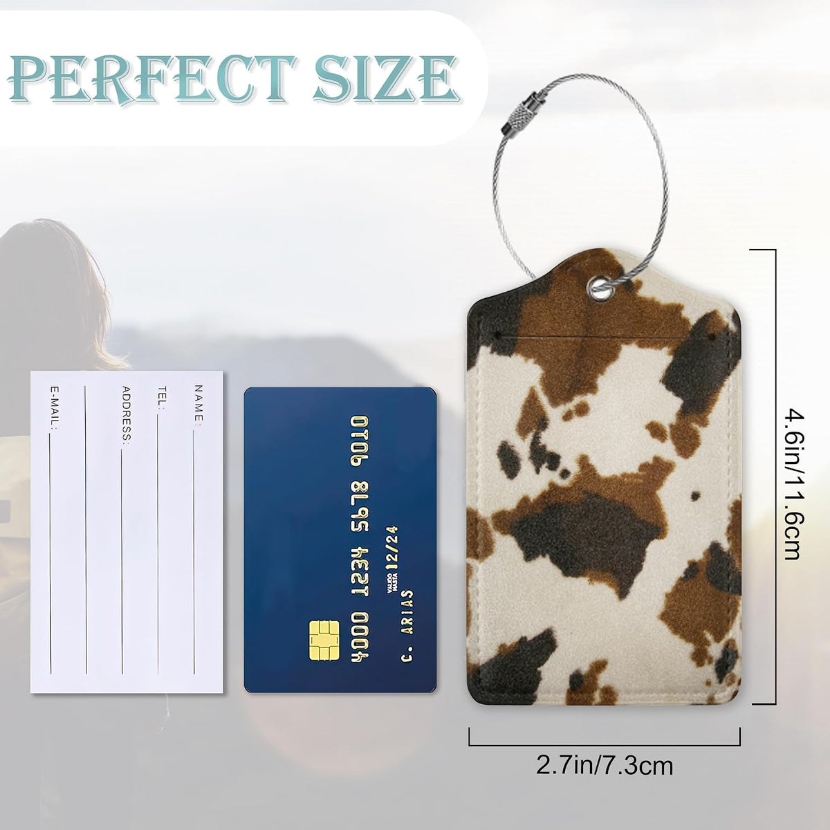 Cowhide 2 Pack Luggage Tag for Suitcases Cow Skin Animal Print PU Leather Bag Travel Suitcase ID Identifier Baggage Tags for Women Men Travel