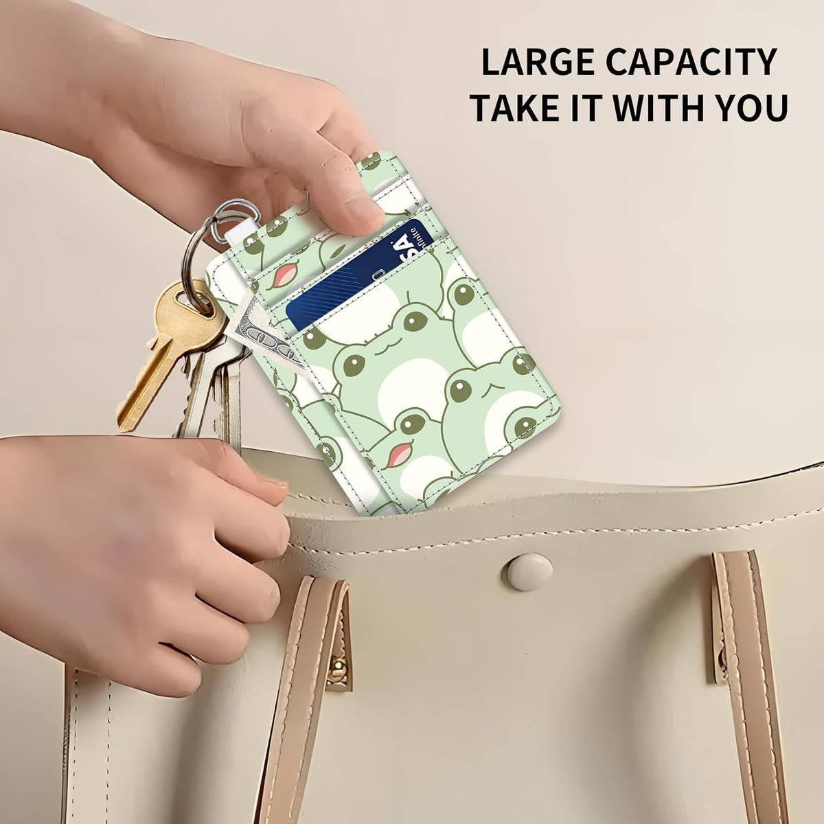 Cute Wallet Women, Funny RFID Credit Card Holder Slim Wallet, Front Pocket PU Leather Card Holder Travel for Men Women Green Frogs