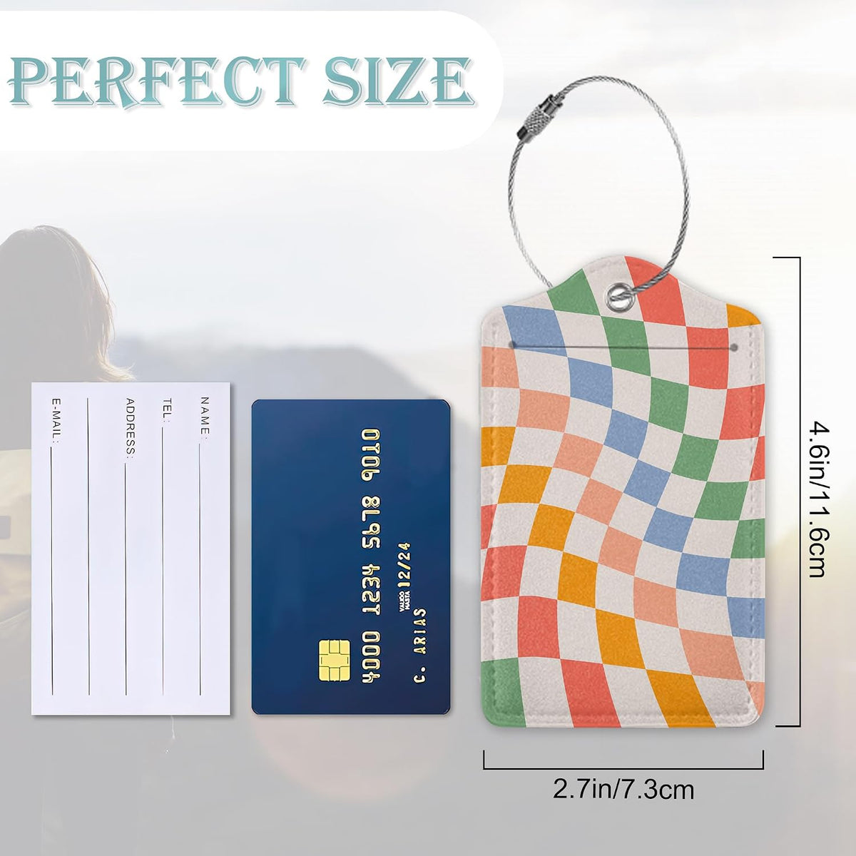 Checkered Luggage Tag,Colorful Retro Wavy Luggage Tags of Set 2 Leather Identifiers Privacy Cover with Stainless Steel Loop for Women Men Travel Bag Suitcase