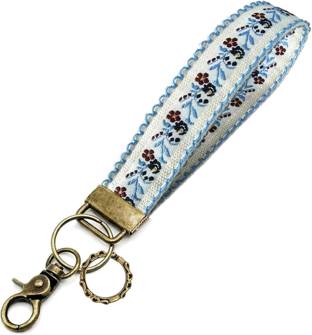 Boho Vintage Embroidered Floral plant Wristlet Keychain for Women