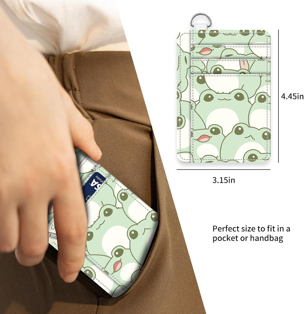 Cute Wallet Women, Funny RFID Credit Card Holder Slim Wallet, Front Pocket PU Leather Card Holder Travel for Men Women Green Frogs