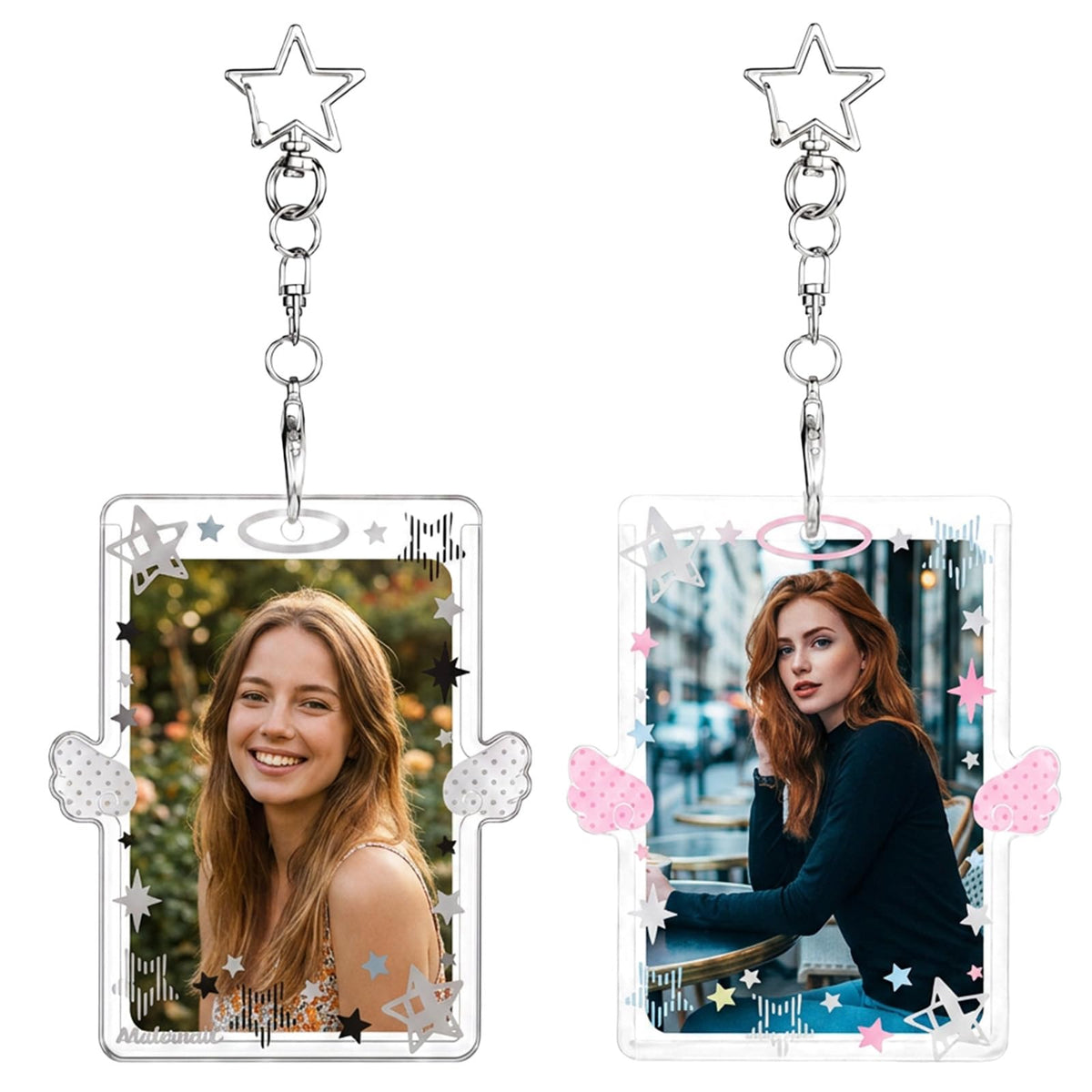 2Pcs Star Photocard Holder with Metal Chain Transparent Y2K Charm Holders Acrylic Cute Protective Photocards with Star Pendant for Idol Card Photo Album