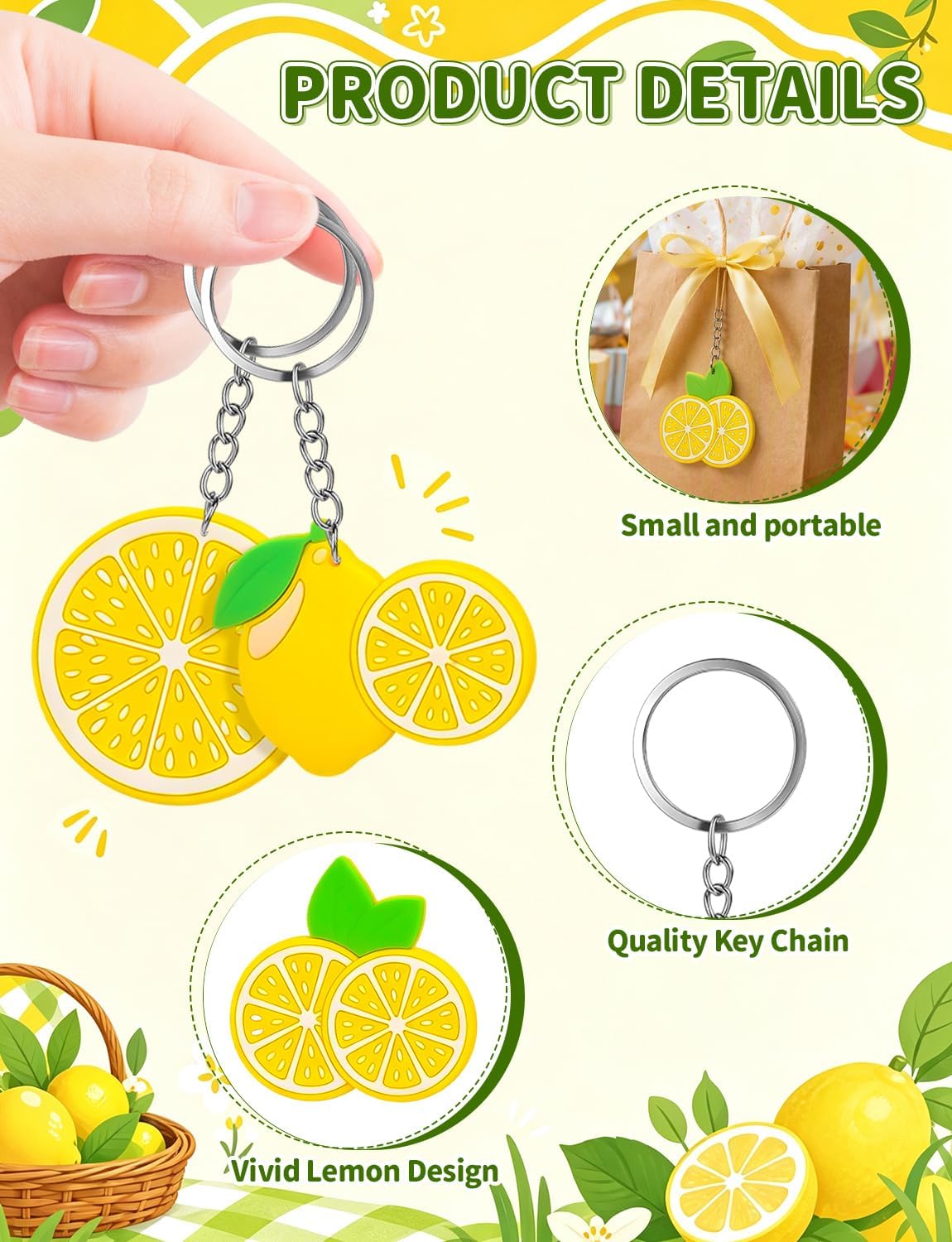 30Pcs Lemon Keychains Lemon Party Favors, Cute Summer Fruit Keychains